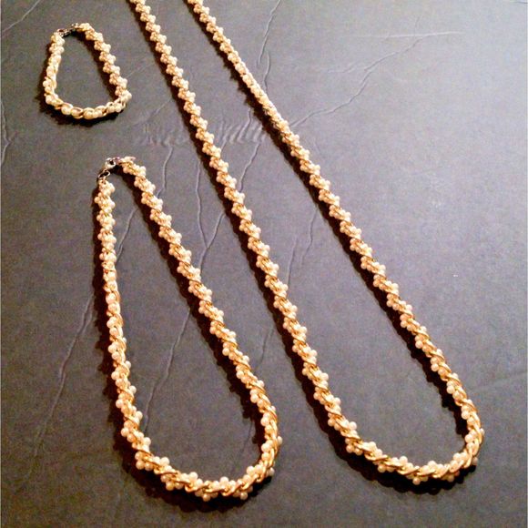 Vintage Faux Pearl Gold Chain Woven Two Necklaces One Bracelet Set Demi Parure - Picture 1 of 5